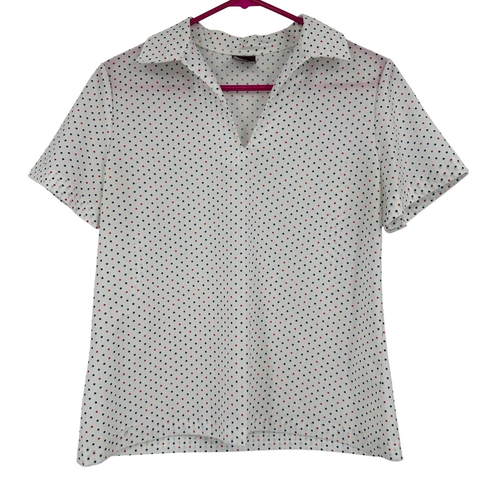 Laurente Paris Rome Vintage‎ Polka Dot V-Neck Blouse White Red Navy Short Sleeve